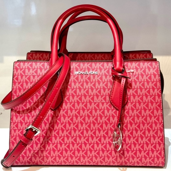 Michael Kors Sheila Medium Signature Logo Satchel Bag Dark Raspberry Multi - Picture 1 of 9